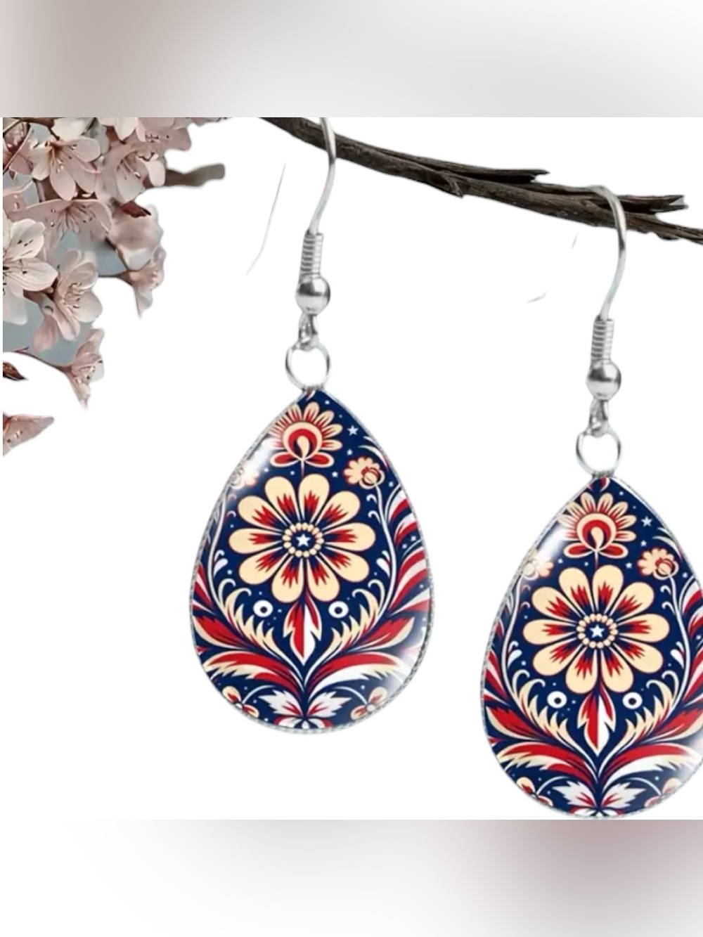 Vintage Folk Floral Earrings, Red White & Blue, Glass Domed Teardrop Earrings